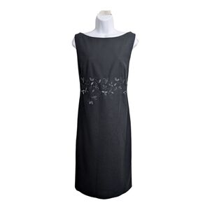 Kay Unger Wool Cashmere Blend Black Sheath Dress Sleeveless Floral Embroidey 12